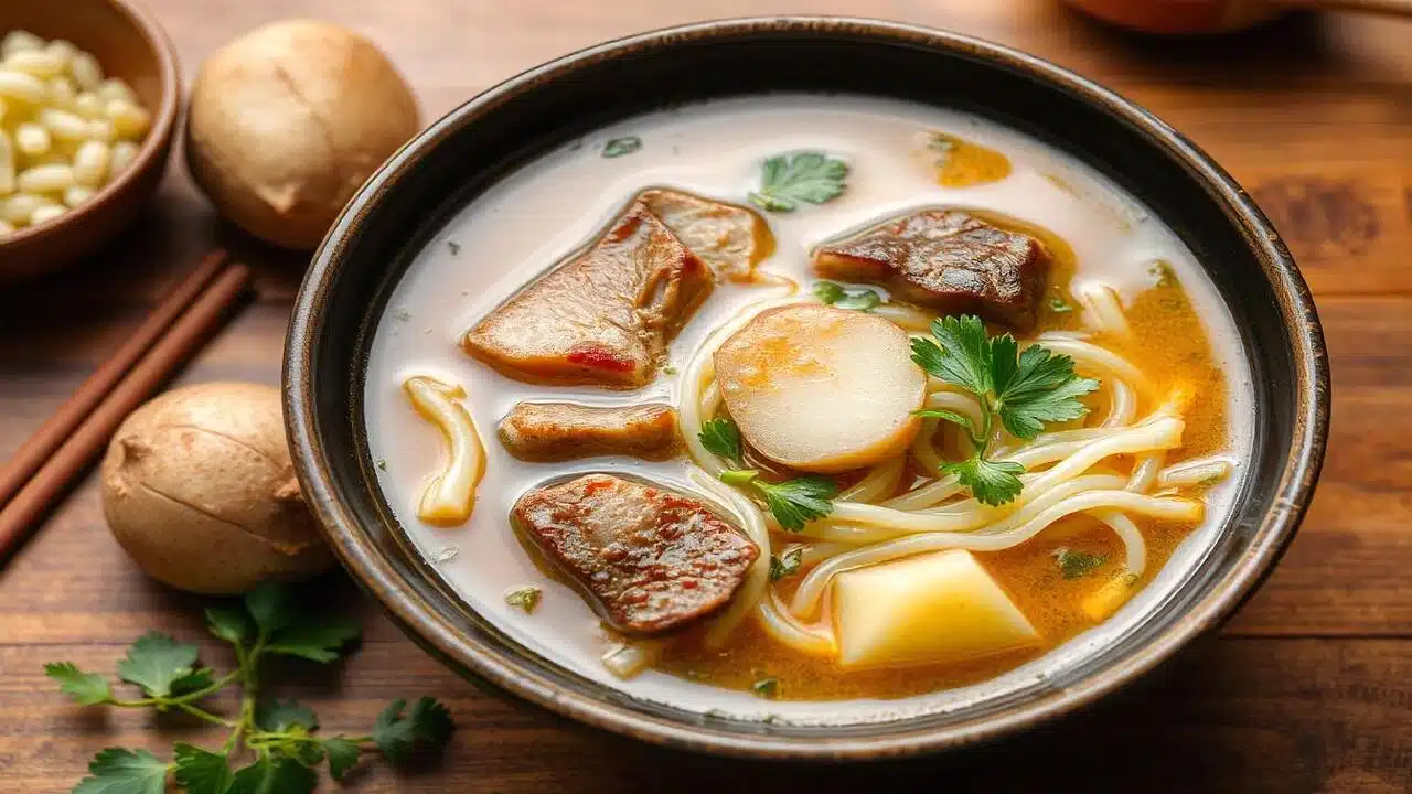 A Sopa de Macarrão com Carne e Batatas aquece nutre e traz o sabor acolhedor de casa